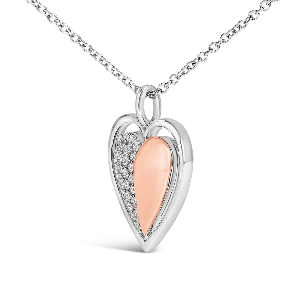 Collar con colgante de corazón de dos tonos de plata de ley chapado en oro rosa de 10 quilates con diamantes de 1/5 quilates