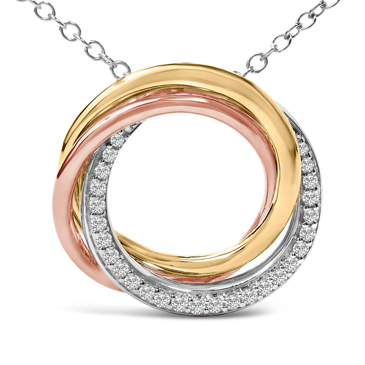 Collar con colgante de círculos entrelazados de diamantes de 1/5 CTTW en plata de ley tricolor