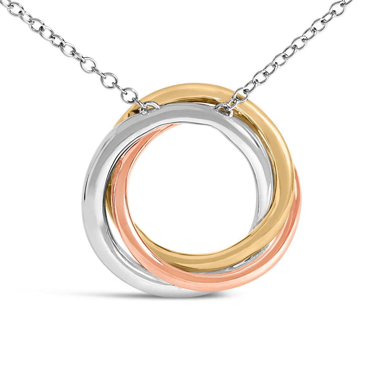 Collar con colgante de círculos entrelazados de diamantes de 1/5 CTTW en plata de ley tricolor