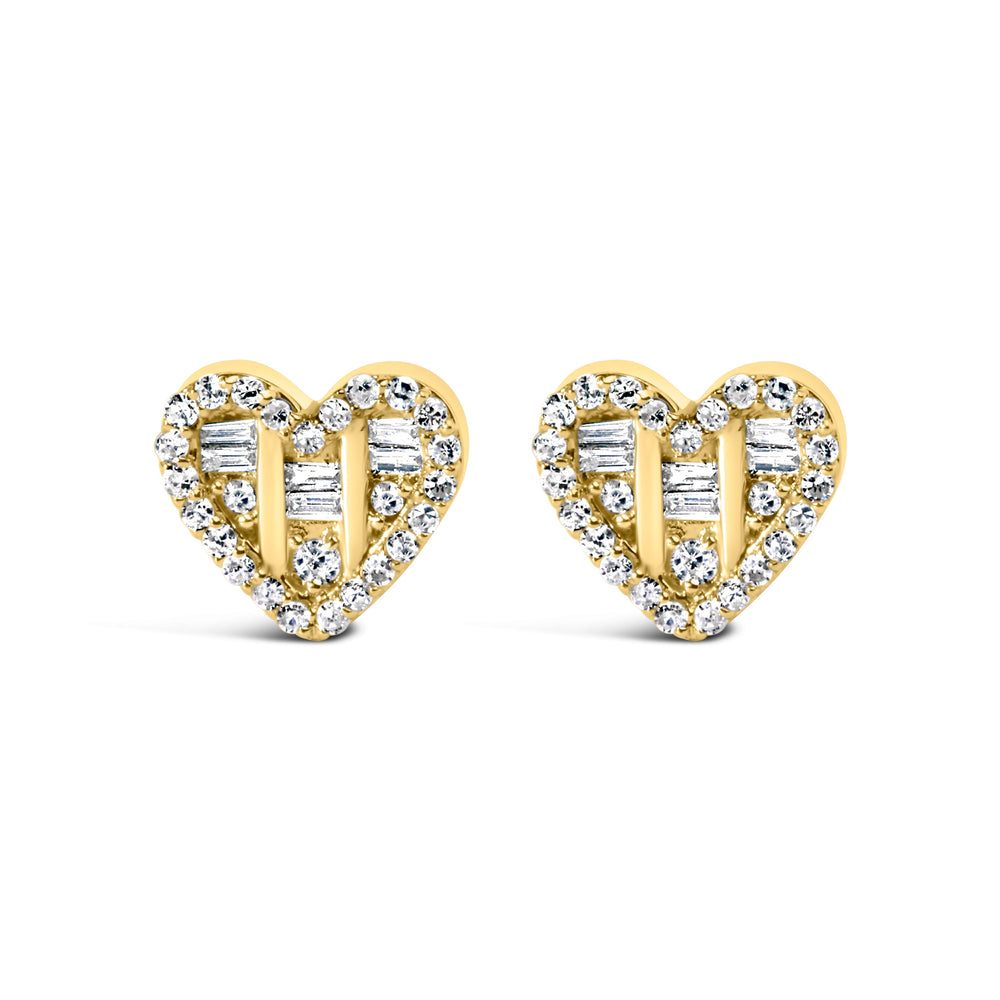 14K Yellow Gold Plated .925 Sterling Silver 1/2 Cttw Round and Baguette Diamond Composite Heart Shaped Stud Earring (I-J Color, SI2-I1 Clarity)