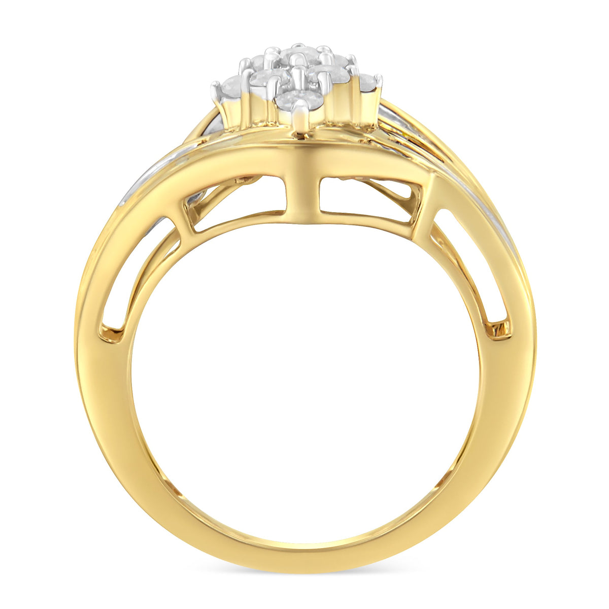 Anillo en forma de racimo cruzado de diamantes de oro amarillo de 10 qt sobre plata de ley .925 (1 quilate, color I-J, claridad I2-I3) - Talla 6