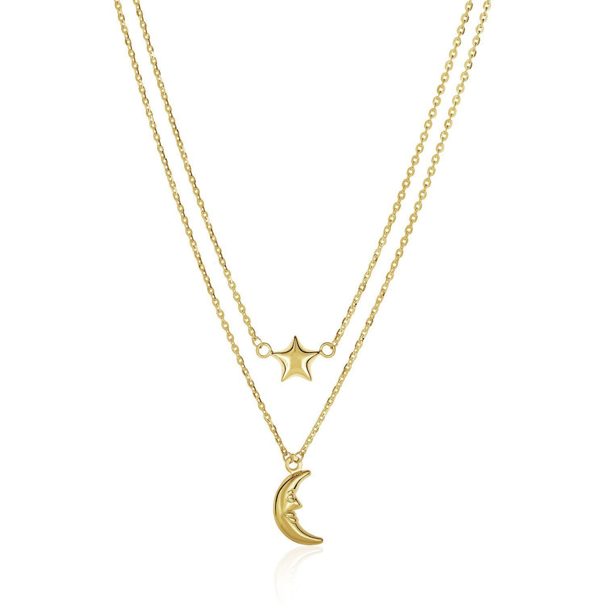 Cadena de oro amarillo de 14k de doble hebra con luna y estrella infladas