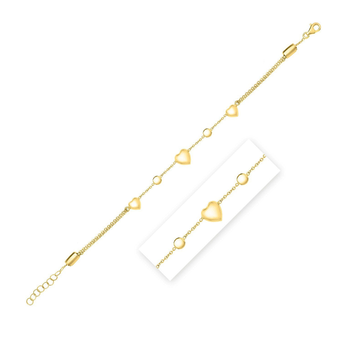 Tobillera ajustable de corazón abultado de oro amarillo de 14k