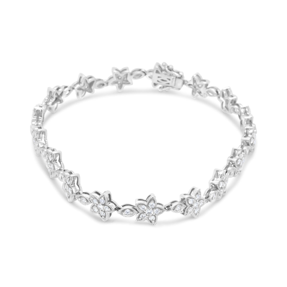 Pulsera de eslabones de oro blanco de 14 quilates con diamantes redondos de 1 1/5 quilates en forma de flor (color H-I, claridad SI1-SI2) - Talla 7"