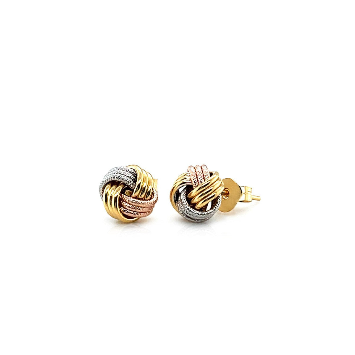 Pendientes de poste nudo de amor en oro tricolor de 14k