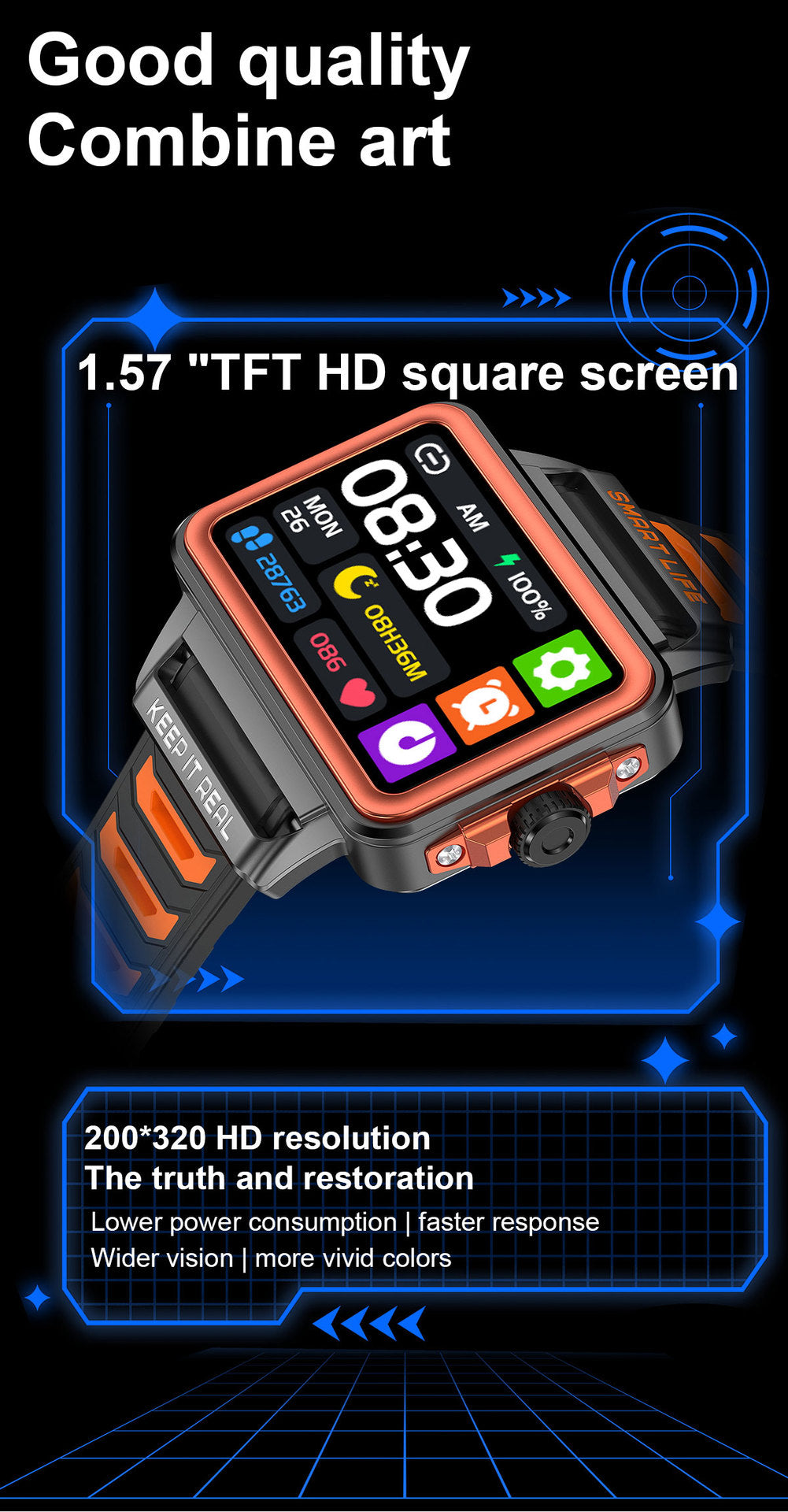 Sleek Durable Smart Watch / 1.57-inch TFT HD Square Screen