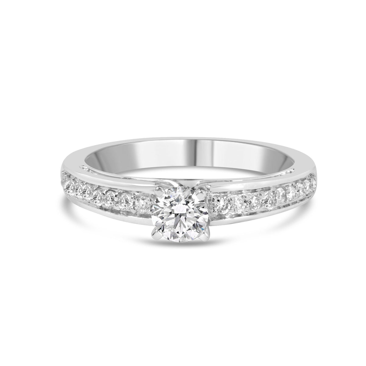 Anillo de compromiso solitario de oro blanco de 14 quilates con diamantes de 1/2 quilate engarzados en pavé (color G-H, claridad VS2-SI1) - Talla 7