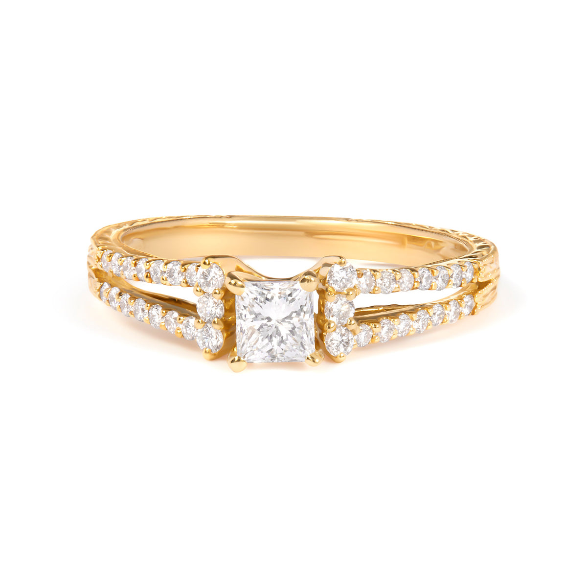 Anillo de compromiso con diamante de oro amarillo de 14 K de 5/8 Cttw, corte princesa, brazo dividido y milgrain (color G-H, claridad VS2-SI1) - Talla 7