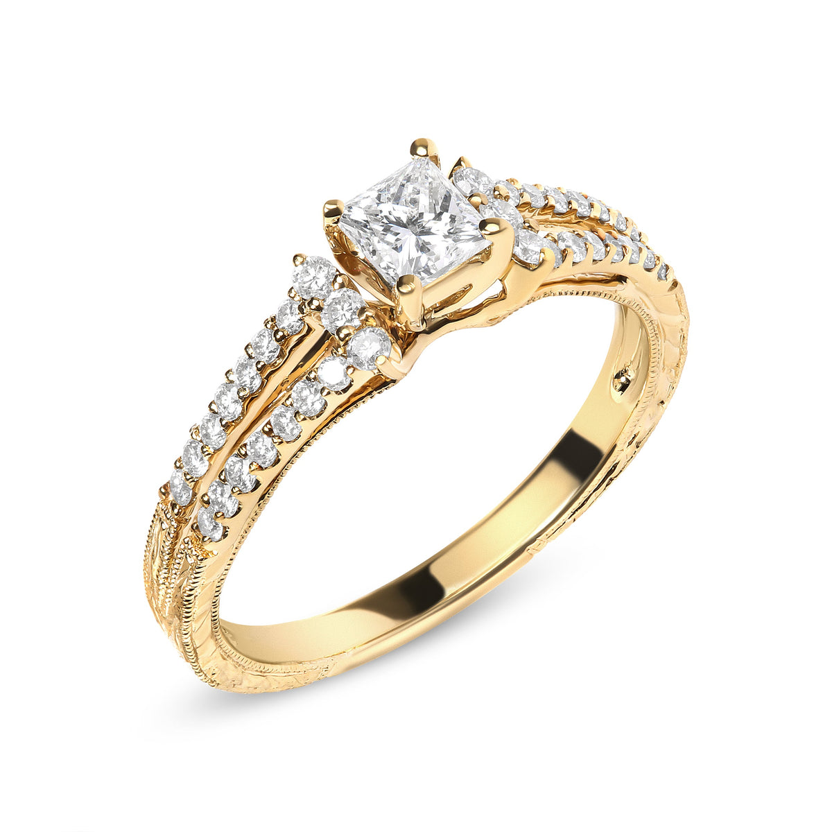 Anillo de compromiso con diamante de oro amarillo de 14 K de 5/8 Cttw, corte princesa, brazo dividido y milgrain (color G-H, claridad VS2-SI1) - Talla 7