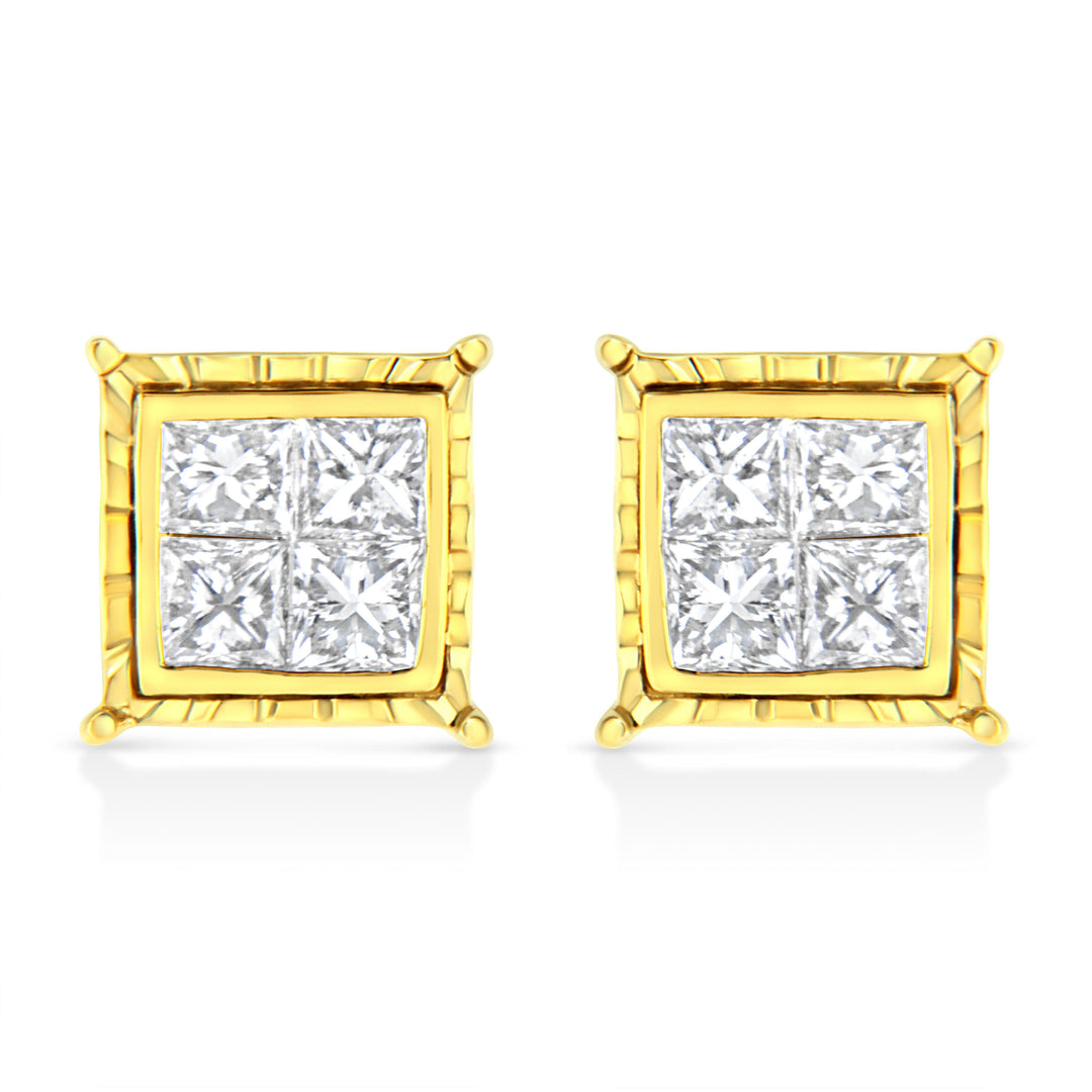 14K Yellow Gold 1.0 Cttw Invisible Set Princess-Cut Diamond Composite 8 Stone Stud Earrings (I-J Color, SI1-SI2 Clarity)