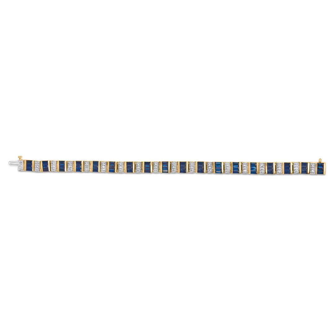 Pulsera de eslabones alternos de oro amarillo de 14 quilates con diamantes de 2/5 Cttw y zafiros azules talla baguette de 8.0 Cttw (color G-H, claridad VS1-VS2) - 7 pulgadas