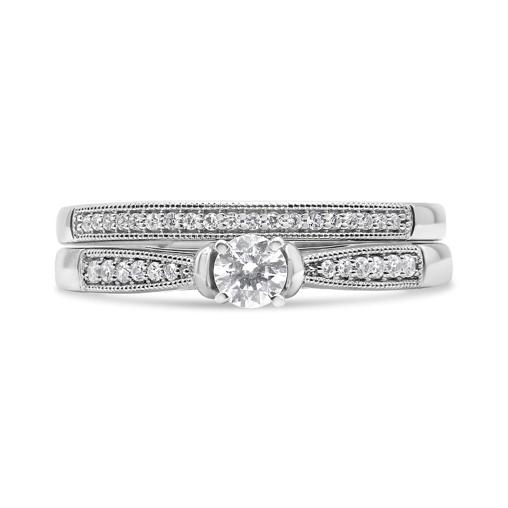 .925 Sterling Silver 1/3 Cttw Diamond Classic Engagement Ring Bridal Set with Milgrain (I-J Color, I3 Clarity) - Ring Size 7 - image 4 of 8