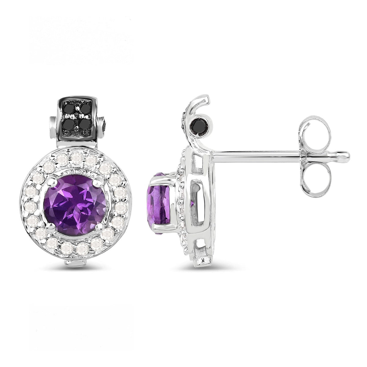 Pendientes de plata de ley .925 con amatista, diamante negro y diamante blanco genuinos de 2,29 quilates