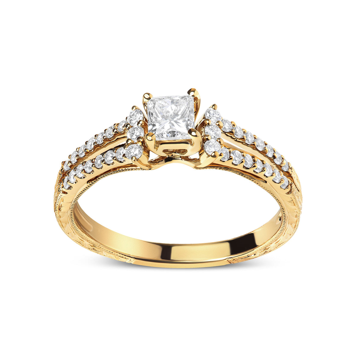 Anillo de compromiso con diamante de oro amarillo de 14 K de 5/8 Cttw, corte princesa, brazo dividido y milgrain (color G-H, claridad VS2-SI1) - Talla 7