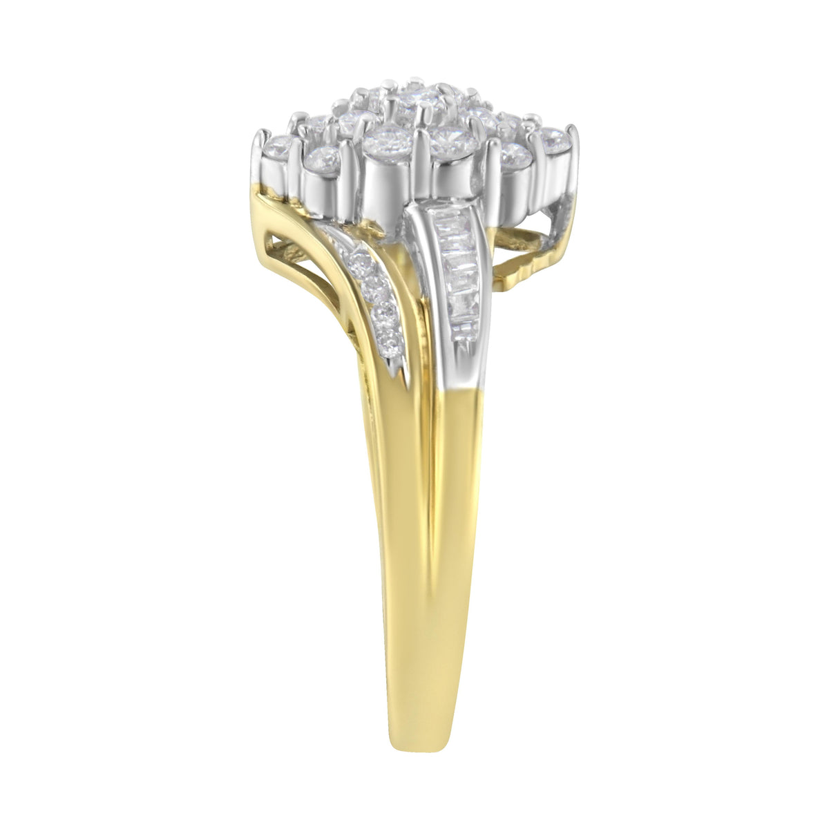 Anillo de racimo con forma de marquesa de diamante de 1/2 quilate de oro amarillo y blanco de 10 quilates con vástago dividido (color H-I, claridad SI2-I1) - Talla 7