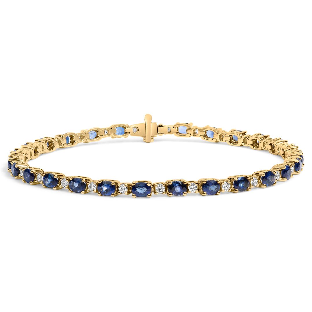 Pulsera de eslabones alternos de oro amarillo de 18 quilates con diamantes de 3/4 quilates y zafiros azules ovalados de 5 1/3 quilates (color G-H, claridad VS1-VS2) - 7.25 pulgadas
