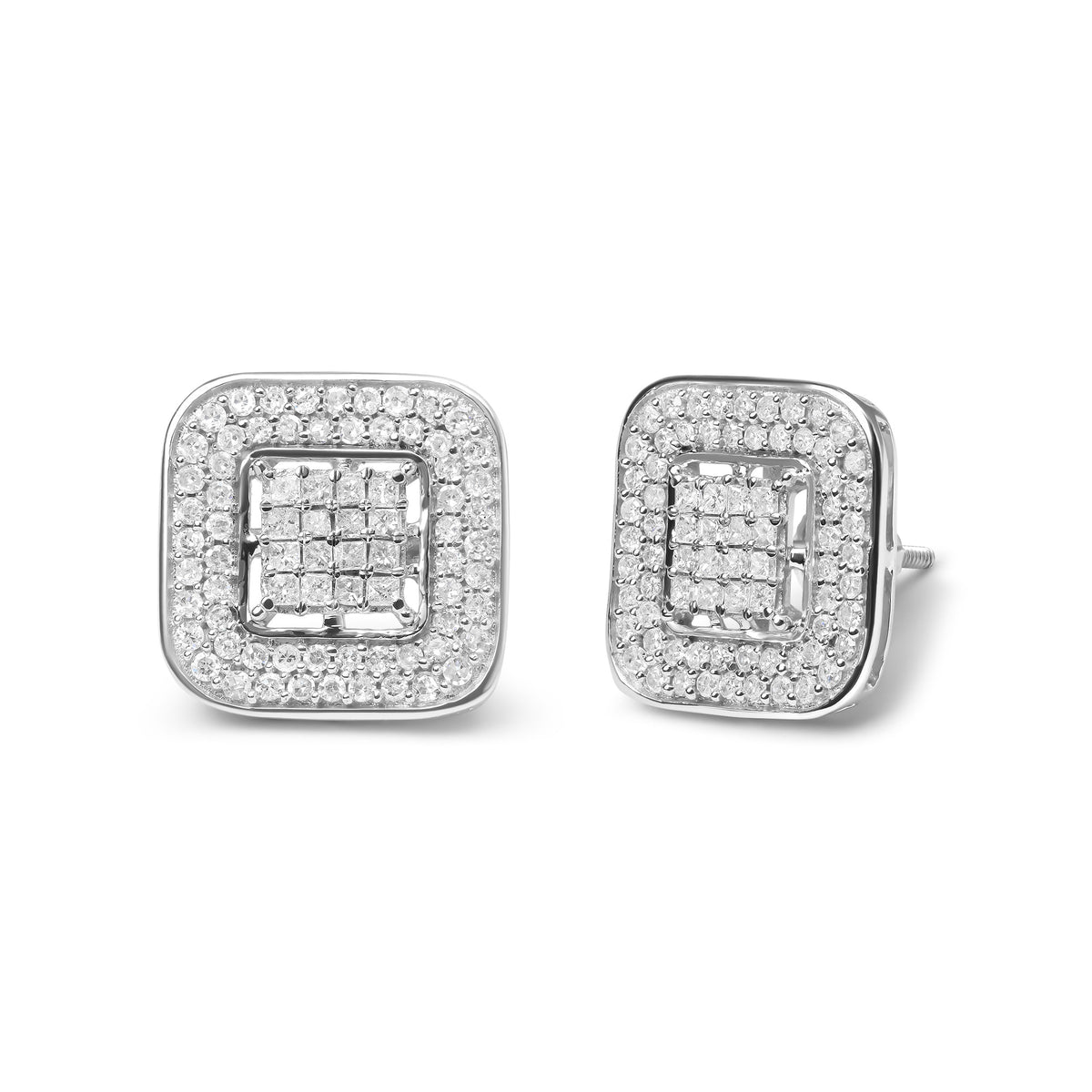 Pendientes de tuerca de halo abierto de oro blanco de 10 quilates con diamantes redondos y de talla princesa de 1,0 quilates (color H-I, claridad SI1-SI2)