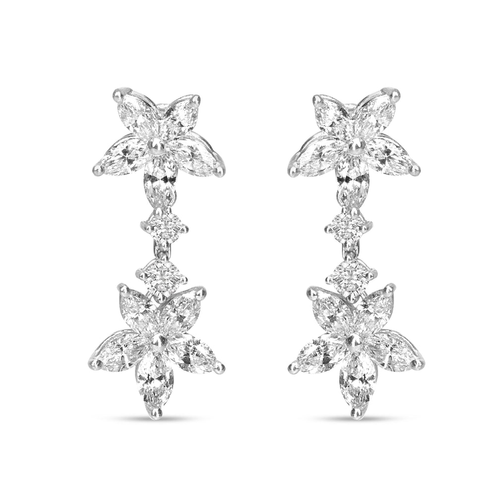 Pendientes colgantes florales de marquesa con diamantes de oro blanco de 18k y 6.0 Cttw (color E-F, claridad VS1-VS2)