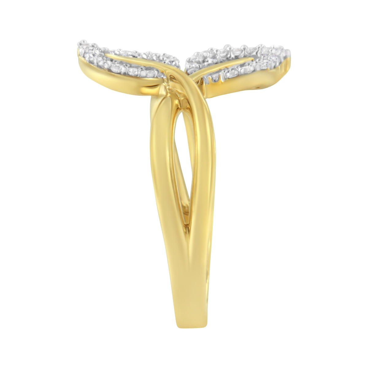 Anillo de cóctel de oro amarillo de 10 qt con diamantes redondos y talla baguette de 3/8 qt en forma de hoja - Talla 7 (color I-J, claridad I1-I2)