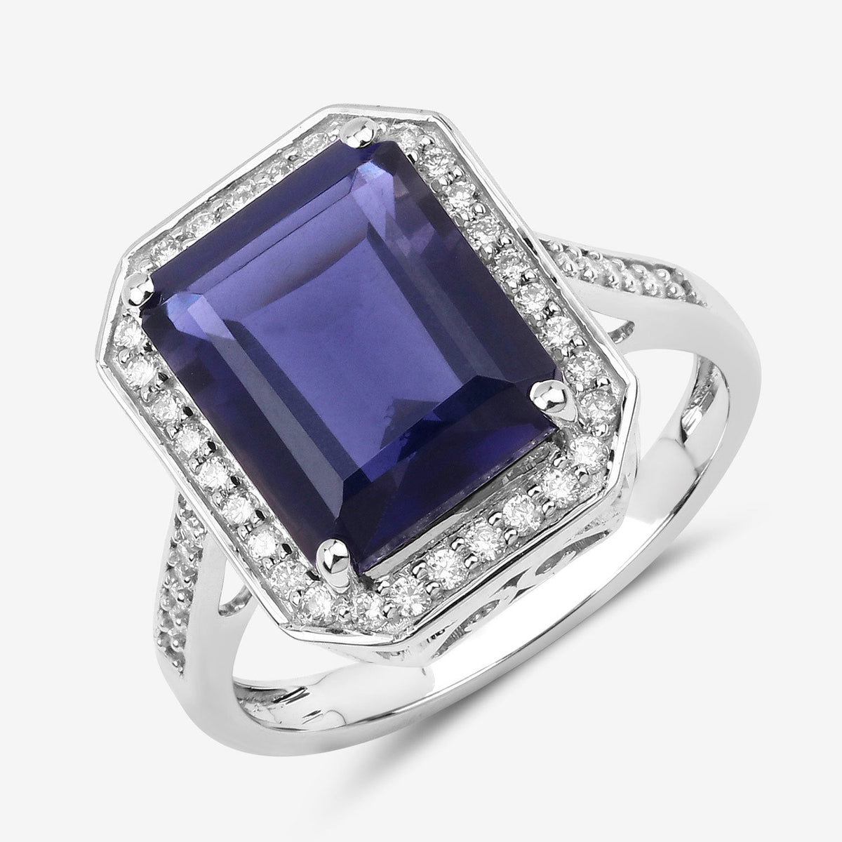 Anillo de oro blanco de 14K con iolita genuina de 3,70 quilates y diamantes blancos