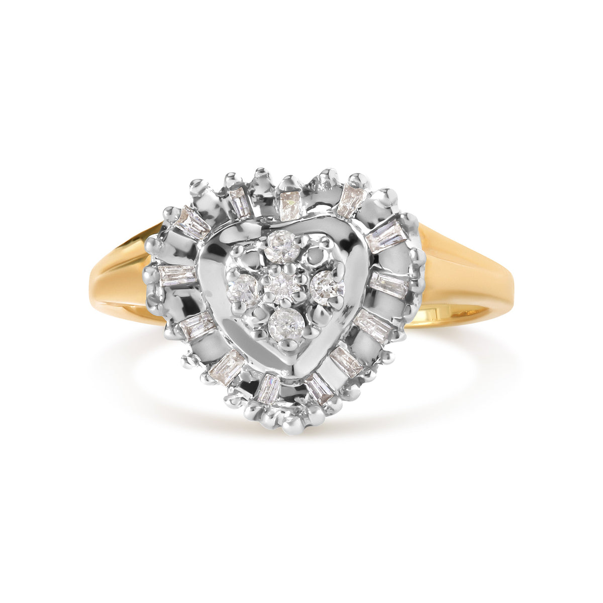 Anillo de oro amarillo de 10K con forma de corazón de 1/4 quilates en corte redondo y baguette (color H-I, claridad I1-I2) - Talla 7