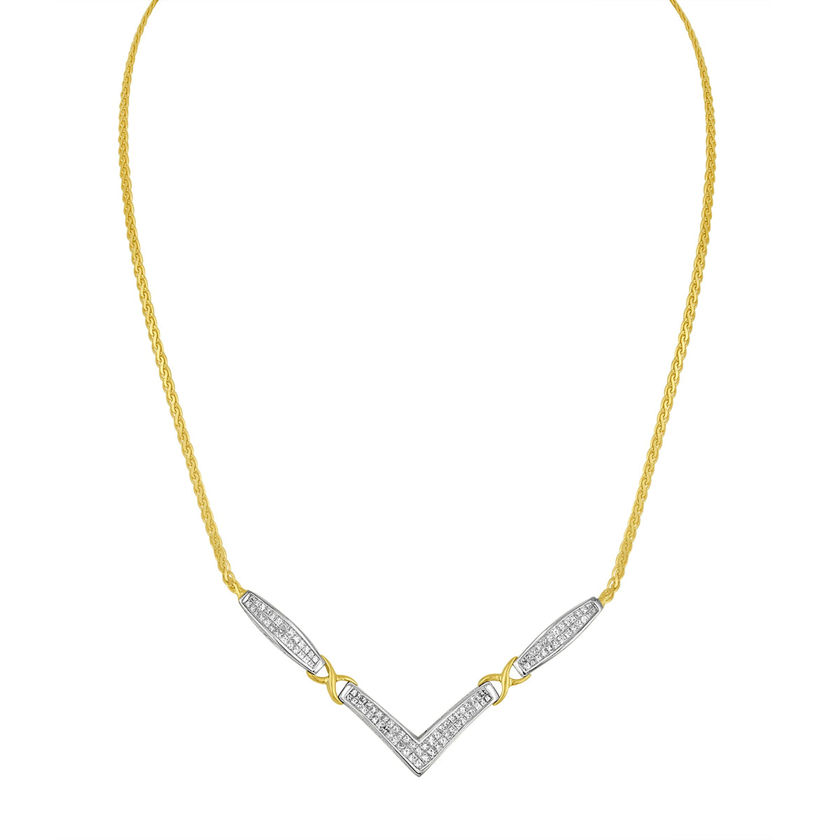 Gargantilla Franco de 18" de Oro Amarillo y Blanco de 14K con Diamantes de Corte Princesa de 2.0 Quilates en Total, Diseño Acampanado y Estación en X en Forma de V (Color H-I, Claridad SI2-I1)