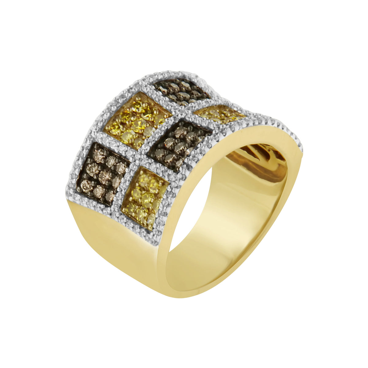 Anillo de oro amarillo de 14 K con diamantes redondos, amarillos y de color champán (1 1/2 ct. p.t., color H-I, claridad I1-I2)