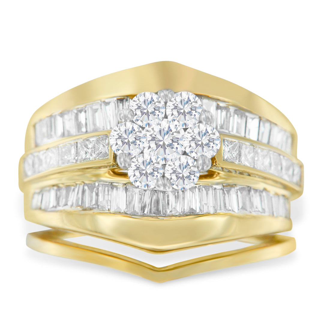 Anillo de compromiso y alianza de boda de oro amarillo de 14 quilates con diamantes de 2-1/3 quilates en engaste de racimo en forma de espiga (Color H-I, Claridad SI1-SI2) - Talla 5