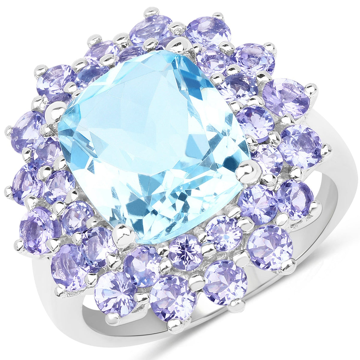 Anillo de plata de ley .925 con topacio azul genuino y tanzanita de 11,22 quilates