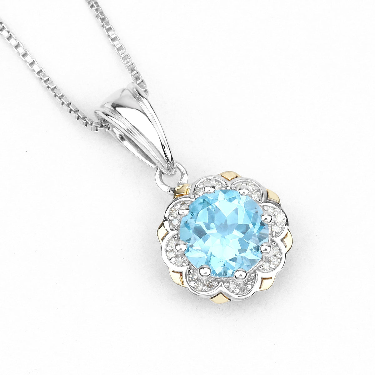 Colgante de oro amarillo de 14 quilates con topacio azul suizo auténtico de 2,32 quilates y diamantes blancos, con plata de ley .925