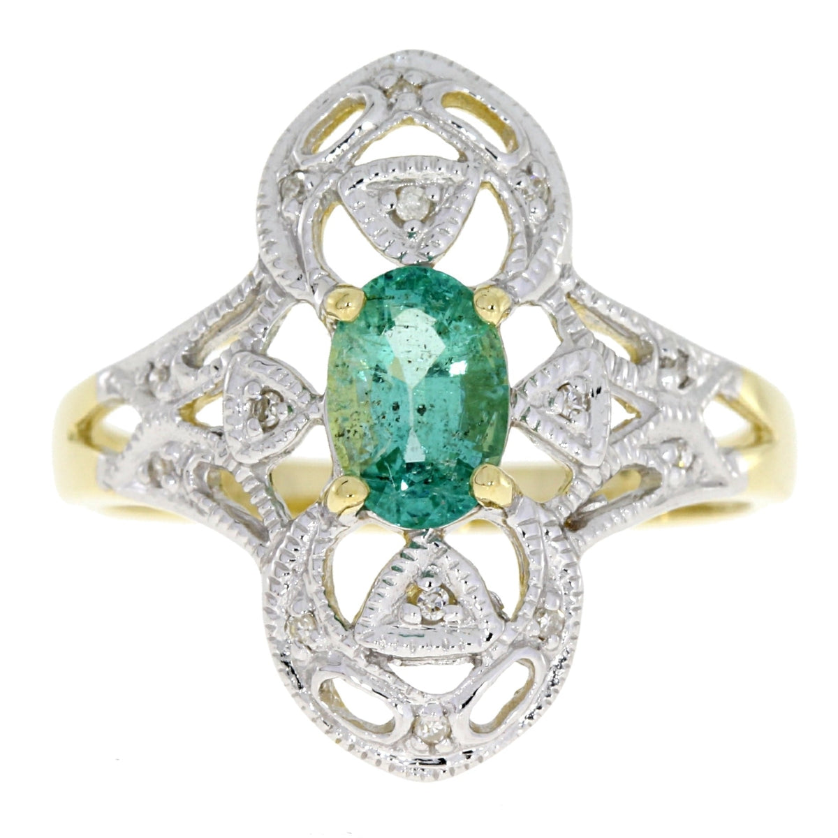 Anillo de oro amarillo de 10 qt con esmeralda y diamantes naturales de 0,70 ct