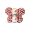Broche de oro blanco y amarillo de 18 quilates, mariposa de perla de los Mares del Sur de 9 mm y zafiro rosa con detalles de diamantes (color F-G, claridad VS1-VS2)