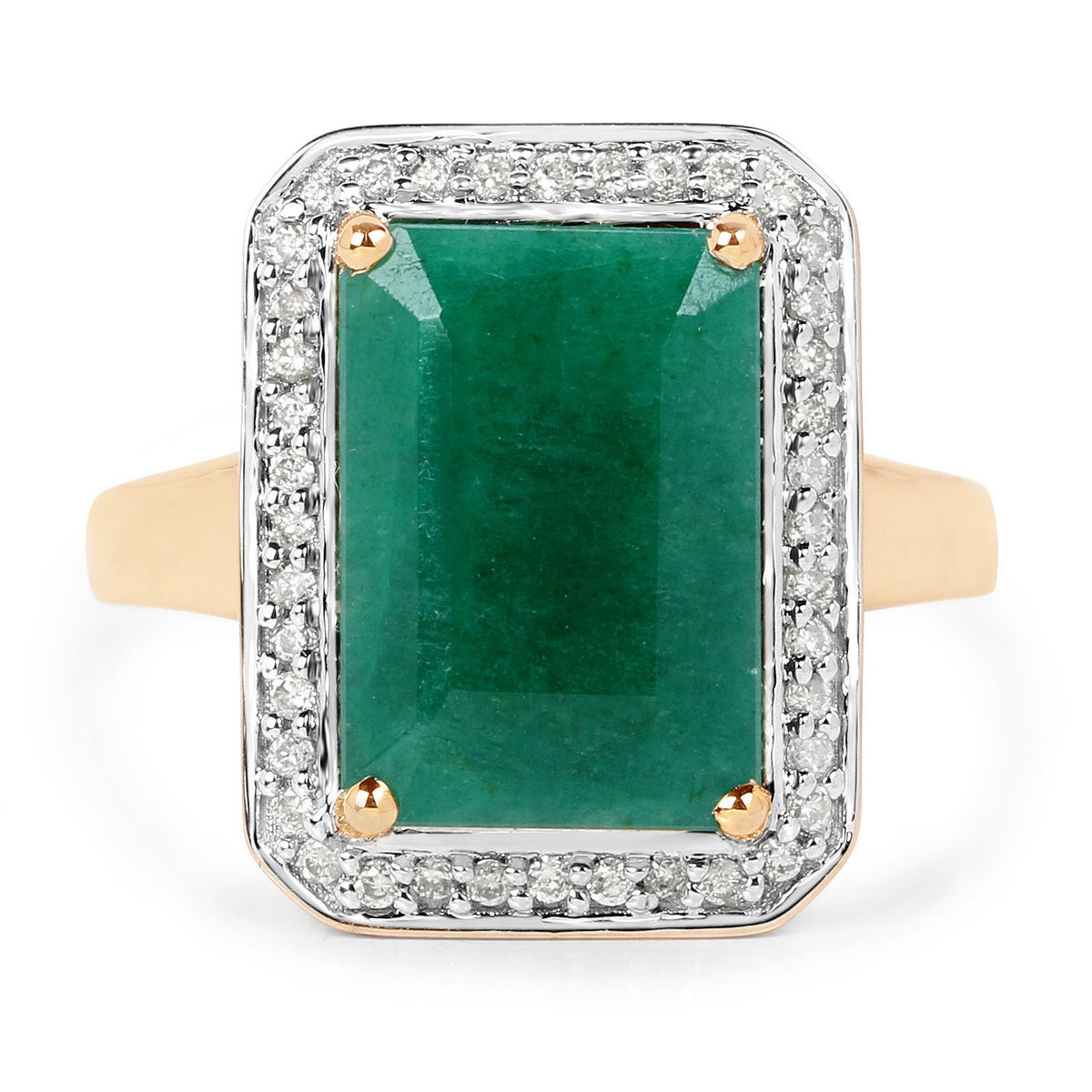 Anillo de 5,71 quilates de Esmeralda Teñida y Diamantes Blancos en Oro Amarillo de 14K