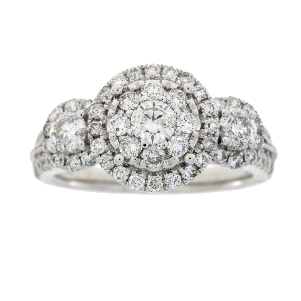 Anillo de 3 piedras de diamantes naturales de 1.50ct en oro blanco de 14kt