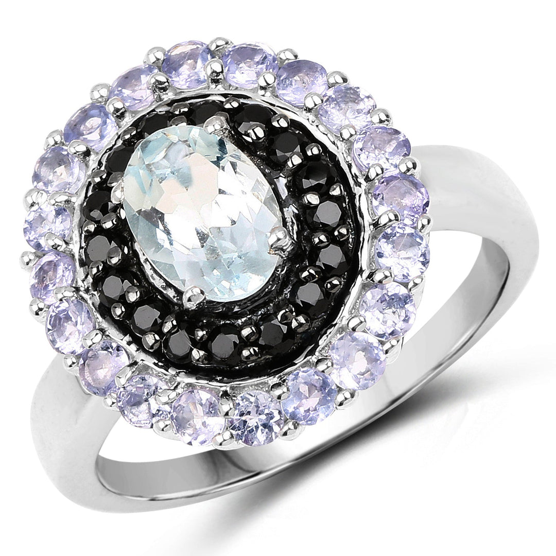 Anillo de Plata de Ley .925 con Aguamarina Genuina de 1,77 Quilates, Espinela Negra y Tanzanita