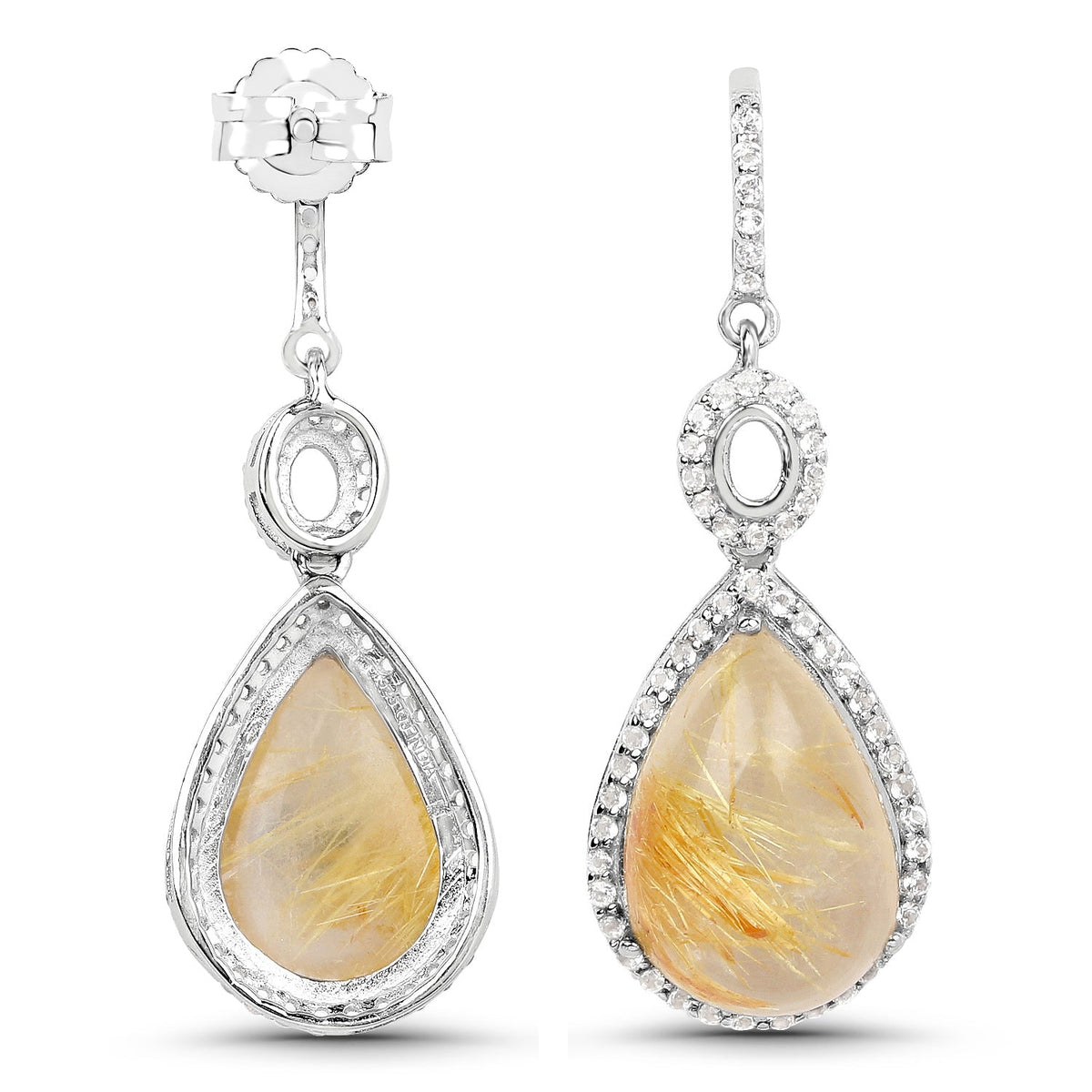 Pendientes de plata de ley .925 con rutilo dorado genuino y topacio blanco de 10.04 quilates