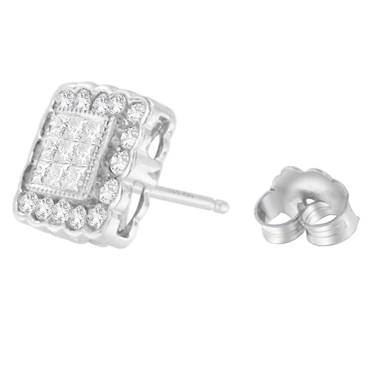 Pendientes de tuerca tipo halo cuadrado con borde festoneado de oro blanco de 14 quilates con diamantes de talla brillante redonda y princesa de 1,0 quilates (color G-H, claridad SI1-SI2)