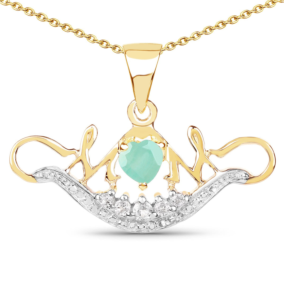 Colgante de plata de ley 925 con baño de oro amarillo de 14 quilates, esmeralda genuina de 0,62 quilates y topacio blanco