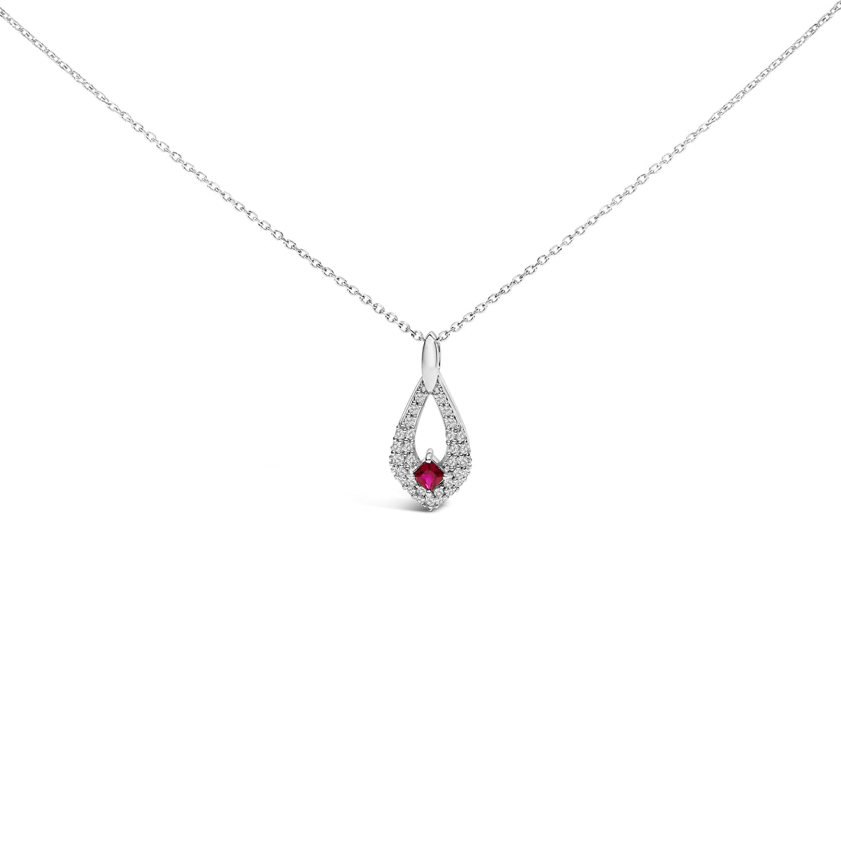 Collar con colgante de plata de ley .925 con rubí rojo creado y zafiro blanco en forma de pera - 18 pulgadas