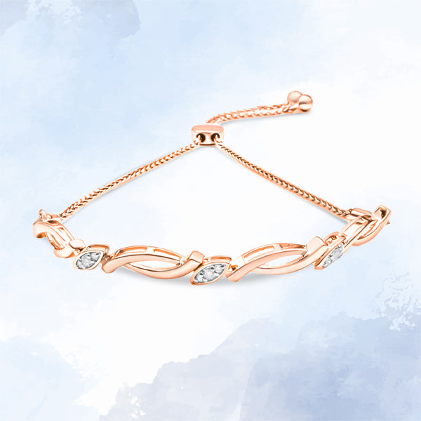 Pulsera de bolo con eslabones giratorios alternos de plata de ley .925 bañada en oro rosa de 14K con diamante de 1/10 Cttw (color I-J, claridad I2-I3) - Ajustable de 6" a 9"