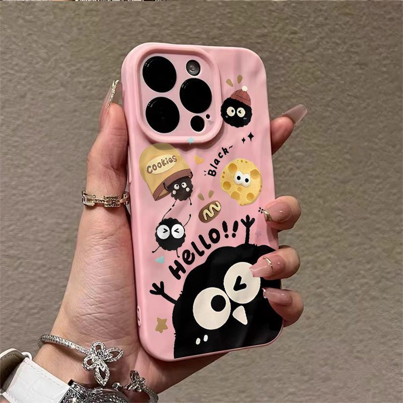 Serie de fundas para teléfono con simpáticos personajes de bolas de carbón negro