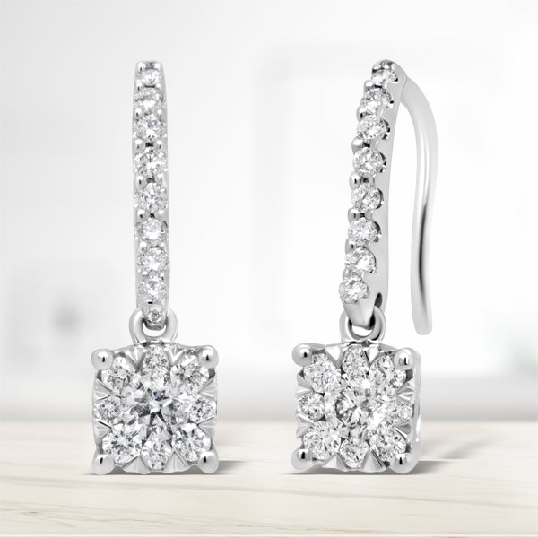Pendientes colgantes tipo anzuelo de halo con diamante redondo de 1/2 quilate, oro blanco de 14K (color H-I, claridad SI2-I1)