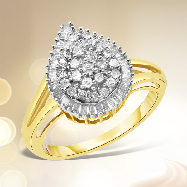 Anillo de pera de oro amarillo de 10 quilates con diamantes redondos y talla baguette de 1/2 quilate (color I-J, claridad I1-I2) - Talla 7