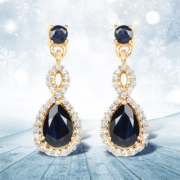 Pendientes de oro amarillo de 14 quilates con zafiro azul auténtico de 1,19 quilates y diamantes blancos