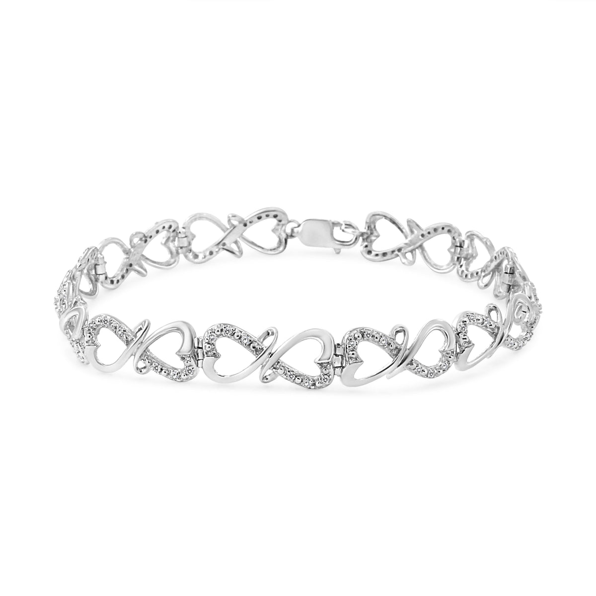 Pulsera de plata de ley 925 con diseño de doble corazón e infinito con diamantes de talla redonda de 0,33 qt (color H-I, claridad I3), 18,4 cm