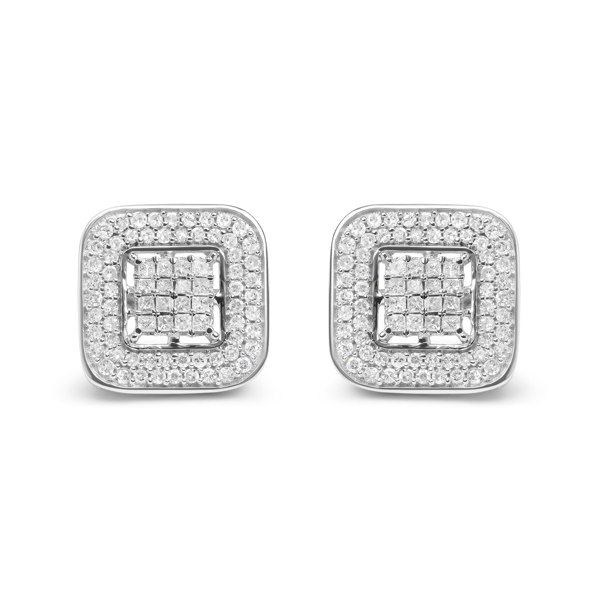 Pendientes de tuerca de halo abierto de oro blanco de 10 quilates con diamantes redondos y de talla princesa de 1,0 quilates (color H-I, claridad SI1-SI2)