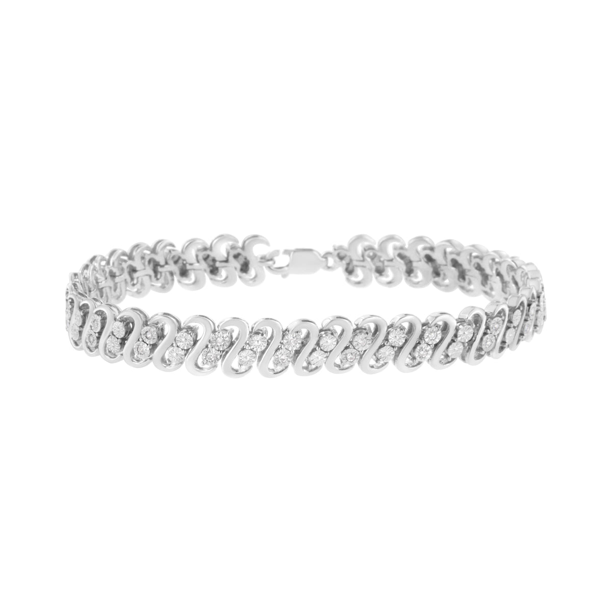 Pulsera de eslabones en S envueltos de plata de ley 925 con doble fila de diamantes de talla redonda de 0,25 quilates (color I-J, claridad I2-I3) - Talla 7,25"