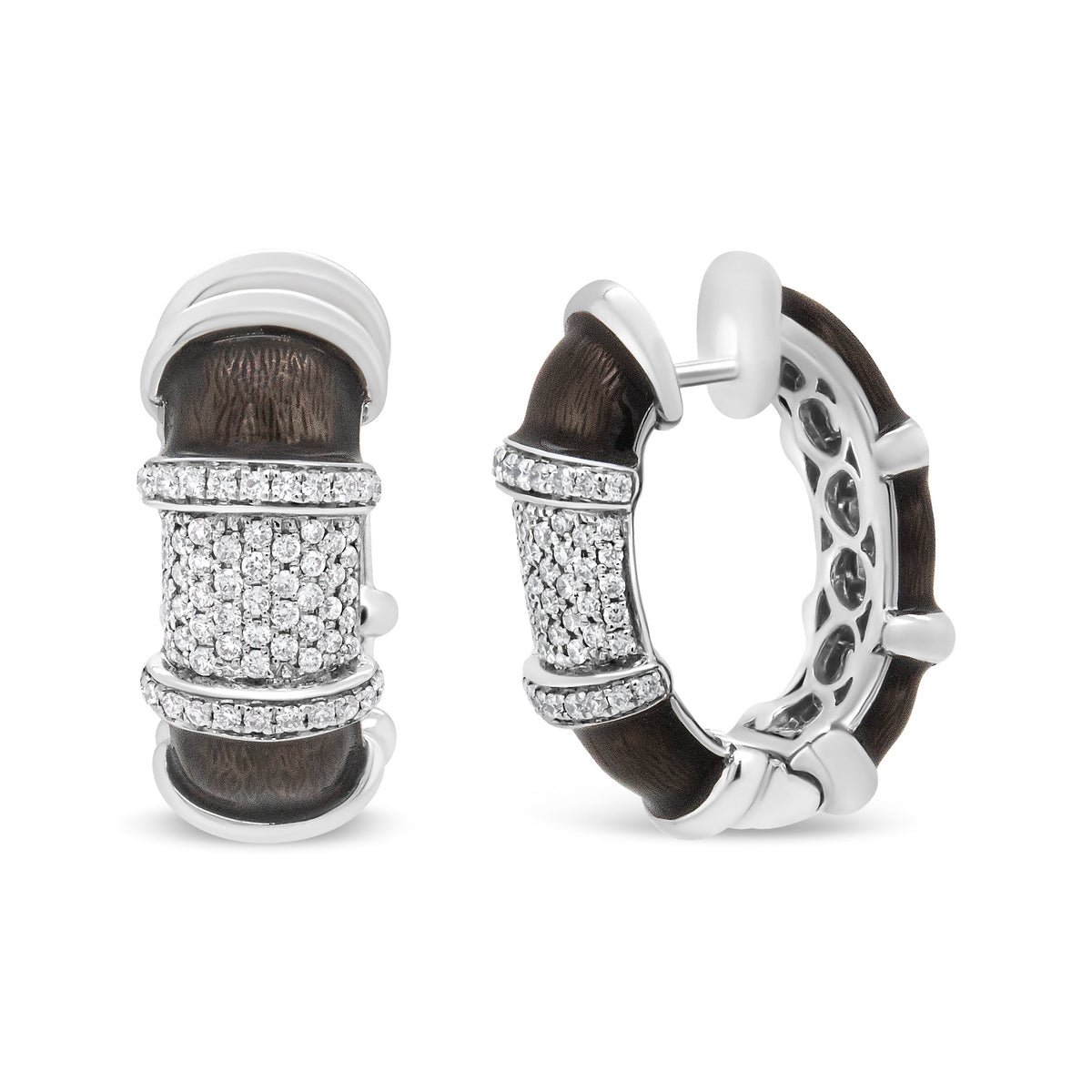 Pendientes de aro Huggie de plata de ley .925 con baño de oro blanco de 18 quilates, esmalte gris grafito transparente y diamantes redondos de 5/8 Cttw (color F-G, claridad VS1-VS2)