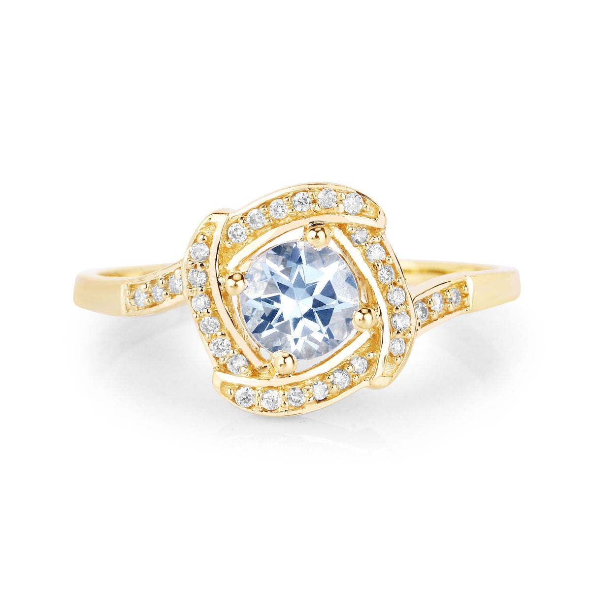 Anillo de oro amarillo de 14K con aguamarina auténtica de 0,46 quilates y diamantes blancos