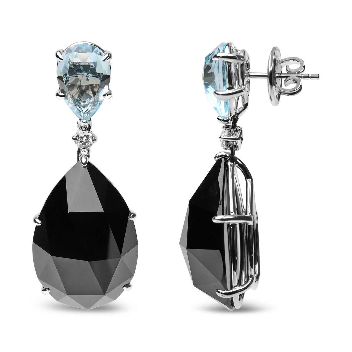 Pendientes colgantes de oro blanco de 18 quilates con diamante de 1/5 Cttw, topacio azul cielo talla pera y ónix negro talla pera (color G-H, claridad SI1-SI2)